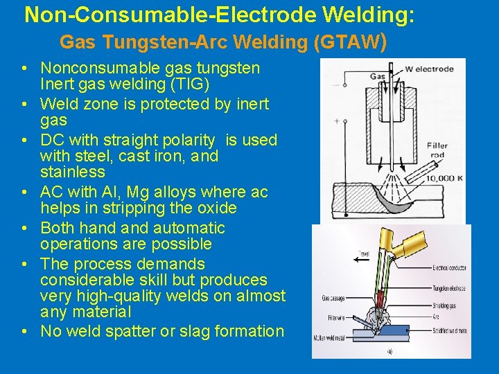 Non-Consumable-Electrode Welding: Gas Tungsten-Arc Welding (GTAW) • Nonconsumable gas tungsten Inert gas welding (TIG)