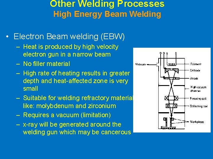 Other Welding Processes High Energy Beam Welding • Electron Beam welding (EBW) – Heat