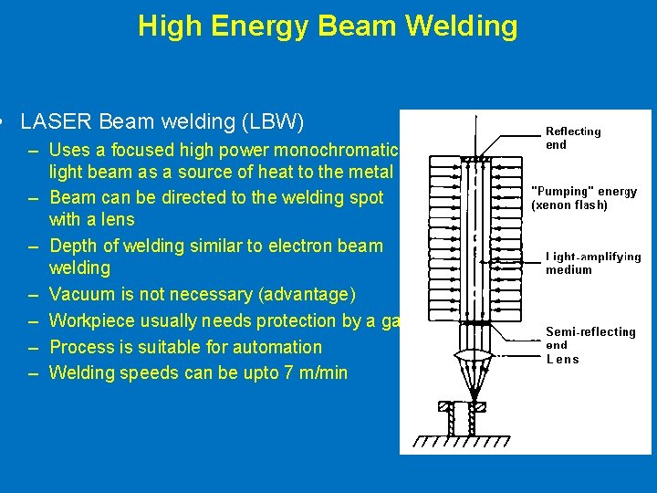 High Energy Beam Welding • LASER Beam welding (LBW) – Uses a focused high