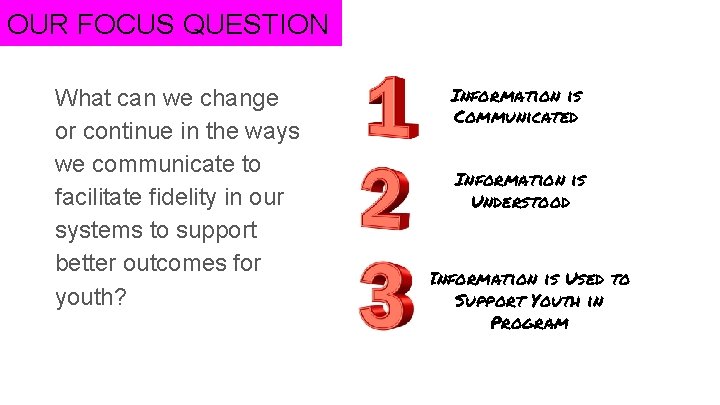OUR FOCUS QUESTION What can we change or continue in the ways we communicate