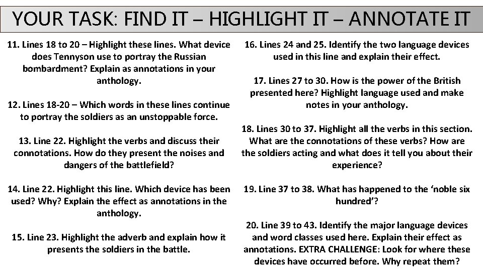 YOUR TASK: FIND IT – HIGHLIGHT IT – ANNOTATE IT 11. Lines 18 to