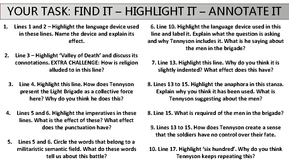 YOUR TASK: FIND IT – HIGHLIGHT IT – ANNOTATE IT 1. Lines 1 and