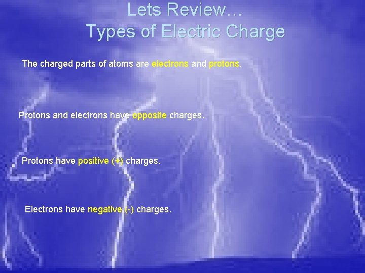 Lets Review… Types of Electric Charge The charged parts of atoms are electrons and