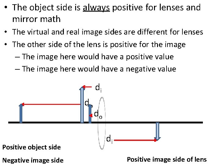 • The object side is always positive for lenses and mirror math • • The object side is always positive for lenses and mirror math •