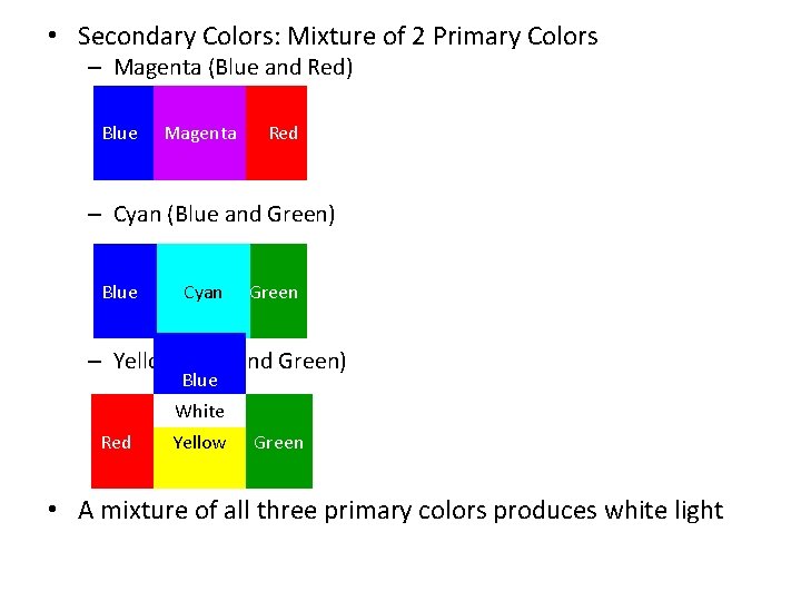 • Secondary Colors: Mixture of 2 Primary Colors – Magenta (Blue and Red) • Secondary Colors: Mixture of 2 Primary Colors – Magenta (Blue and Red)