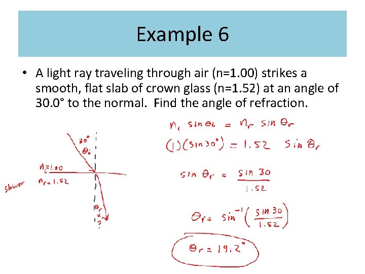 Example 6 • A light ray traveling through air (n=1. 00) strikes a smooth, Example 6 • A light ray traveling through air (n=1. 00) strikes a smooth,