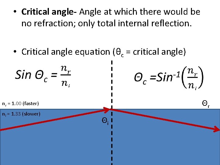 • Critical angle- Angle at which there would be no refraction; only total • Critical angle- Angle at which there would be no refraction; only total