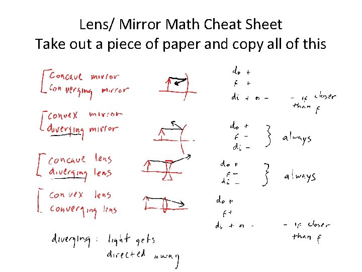 Lens/ Mirror Math Cheat Sheet Take out a piece of paper and copy all Lens/ Mirror Math Cheat Sheet Take out a piece of paper and copy all