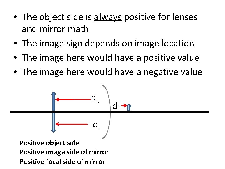 • The object side is always positive for lenses and mirror math • • The object side is always positive for lenses and mirror math •