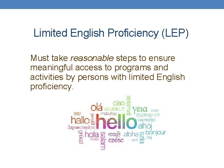 Limited English Proficiency (LEP) Must take reasonable steps to ensure meaningful access to programs