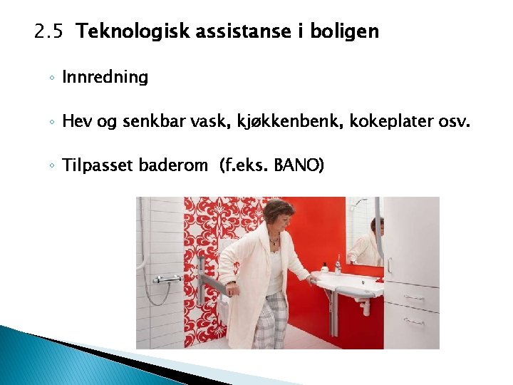 2. 5 Teknologisk assistanse i boligen ◦ Innredning ◦ Hev og senkbar vask, kjøkkenbenk,