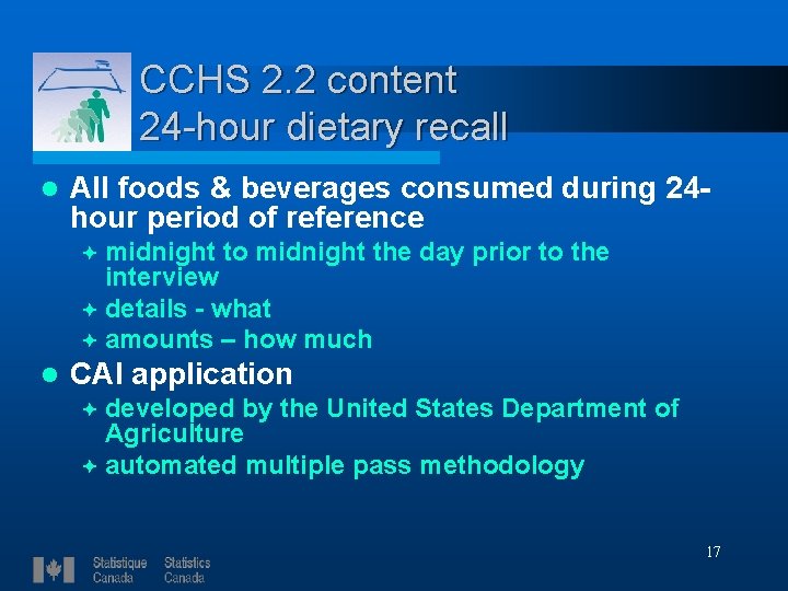 CCHS 2. 2 content 24 -hour dietary recall l All foods & beverages consumed