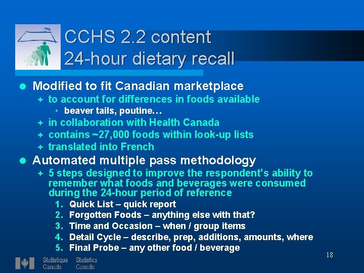 CCHS 2. 2 content 24 -hour dietary recall l Modified to fit Canadian marketplace