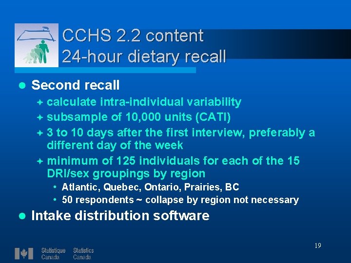 CCHS 2. 2 content 24 -hour dietary recall l Second recall ª calculate intra-individual