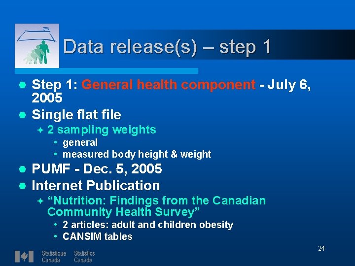 Data release(s) – step 1 Step 1: General health component - July 6, 2005