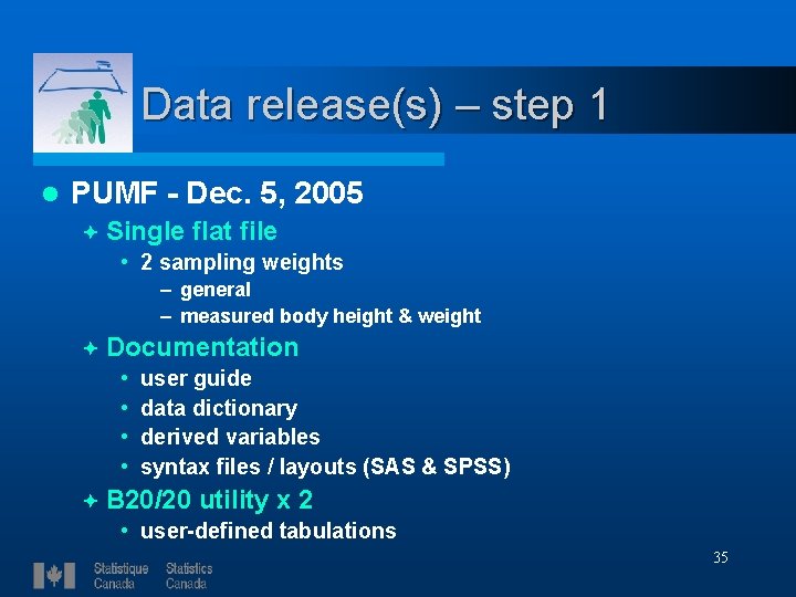 Data release(s) – step 1 l PUMF - Dec. 5, 2005 ª Single flat