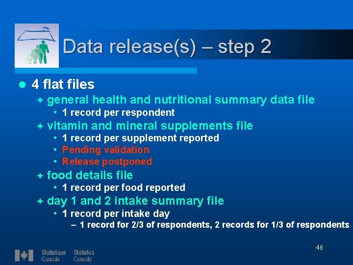 Data release(s) – step 2 l 4 flat files ª general health and nutritional