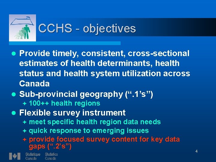 CCHS - objectives Provide timely, consistent, cross-sectional estimates of health determinants, health status and