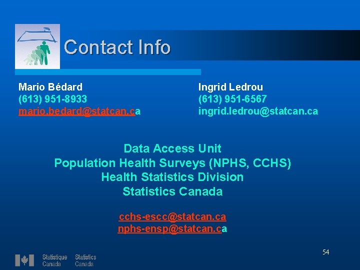 Contact Info Mario Bédard (613) 951 -8933 mario. bedard@statcan. ca Ingrid Ledrou (613) 951