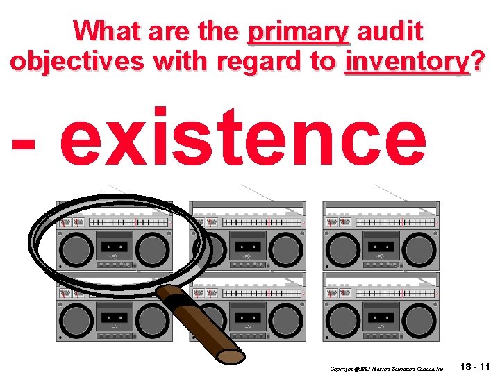 What are the primary audit objectives with regard to inventory? - existence Copyright 2003