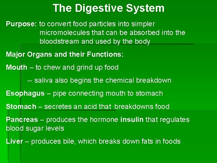 The Digestive System Purpose: to convert food particles into simpler micromolecules that can be