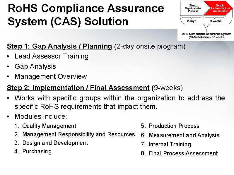 Ro. HS Compliance Assurance System (CAS) Solution Step 1: Gap Analysis / Planning (2