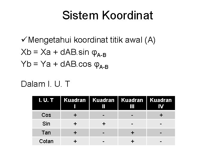 Sistem Koordinat üMengetahui koordinat titik awal (A) Xb = Xa + d. AB. sin