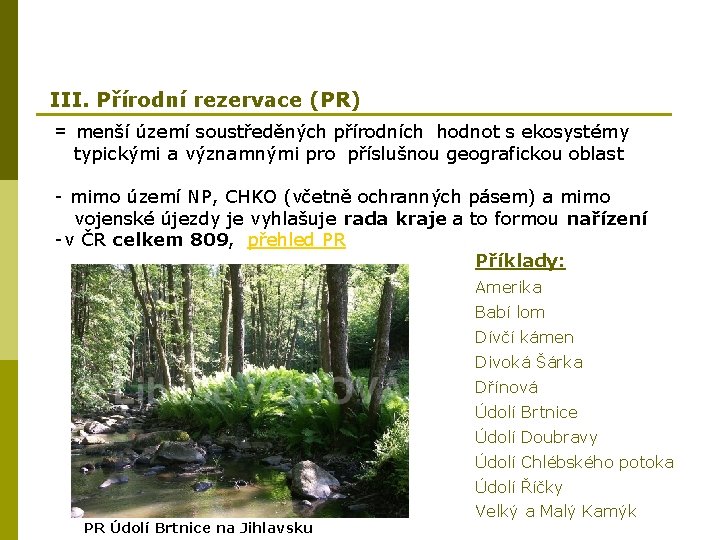 III. Přírodní rezervace (PR) = menší území soustředěných přírodních hodnot s ekosystémy typickými a