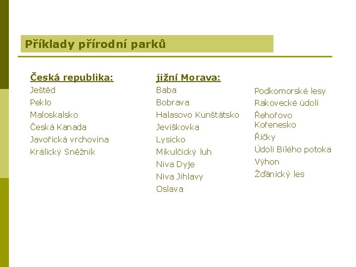 Příklady přírodní parků Česká republika: jižní Morava: Ještěd Baba Podkomorské lesy Peklo Bobrava Rakovecké
