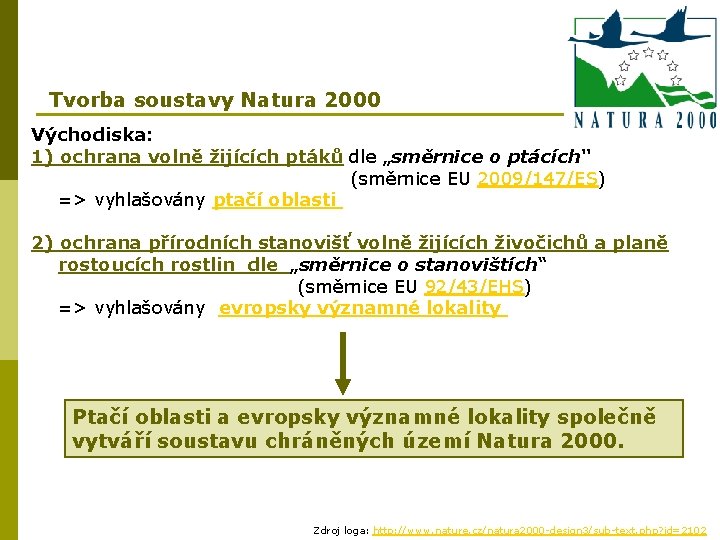 Tvorba soustavy Natura 2000 Východiska: 1) ochrana volně žijících ptáků dle „směrnice o ptácích“