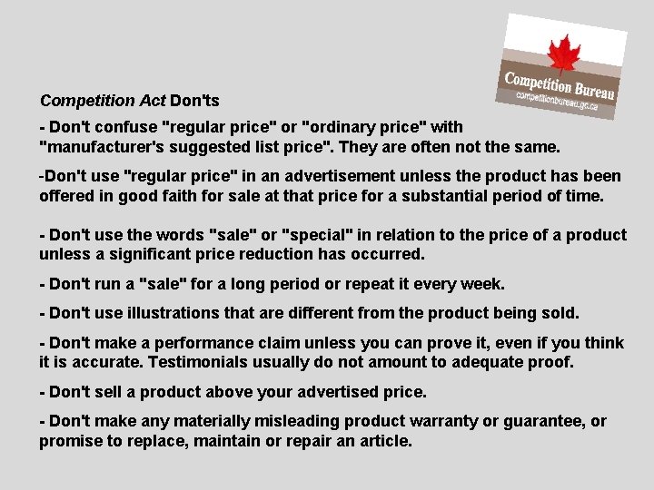 Competition Act Don'ts - Don't confuse "regular price" or "ordinary price" with "manufacturer's suggested