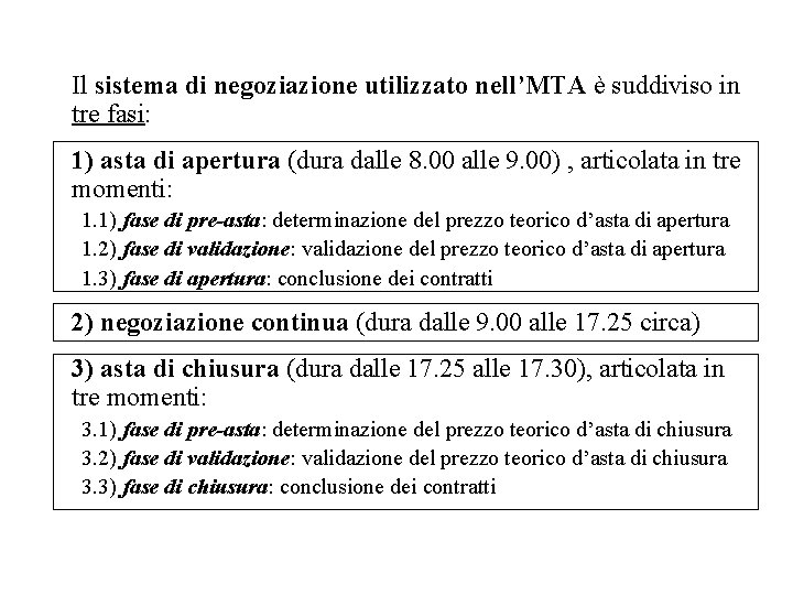 Il sistema di negoziazione utilizzato nell’MTA è suddiviso in tre fasi: 1) asta di