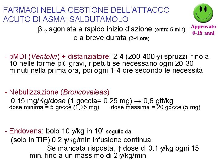 FARMACI NELLA GESTIONE DELL’ATTACCO ACUTO DI ASMA: SALBUTAMOLO Approvato β 2 agonista a rapido