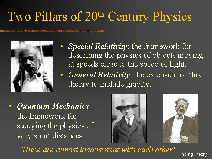 Two Pillars of 20 th Century Physics • Special Relativity: the framework for describing