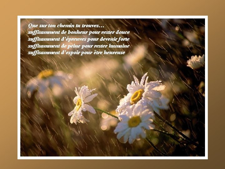 Que sur ton chemin tu trouves… suffisamment de bonheur pour rester douce suffisamment d’épreuves