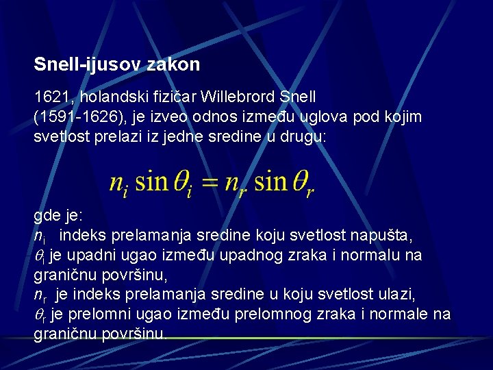 Snell-ijusov zakon 1621, holandski fizičar Willebrord Snell (1591 -1626), je izveo odnos između uglova