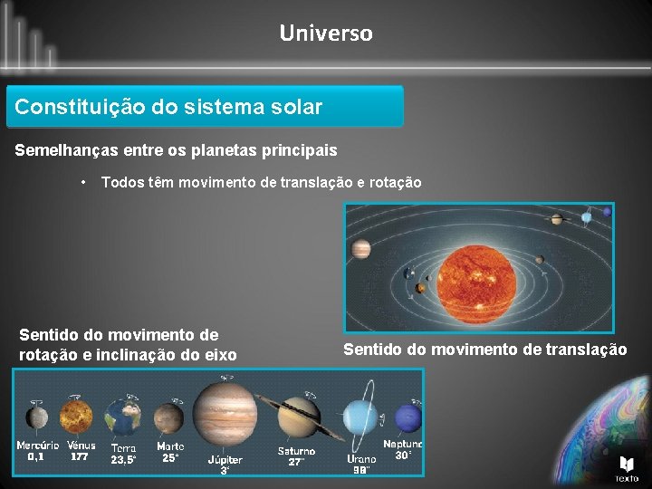 Universo Constituição do sistema solar Semelhanças entre os planetas principais • Todos têm movimento