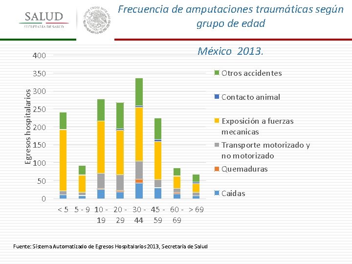 Frecuencia de amputaciones traumáticas según grupo de edad 400 México 2013. Otros accidentes Egresos