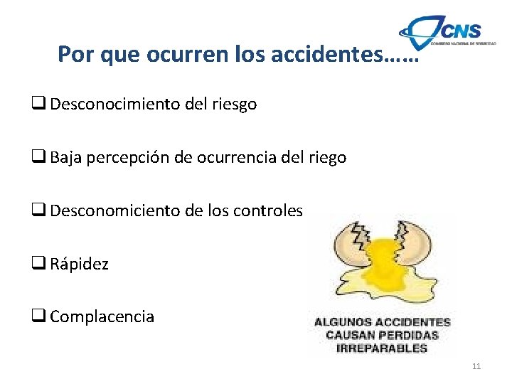 Por que ocurren los accidentes…… q Desconocimiento del riesgo q Baja percepción de ocurrencia