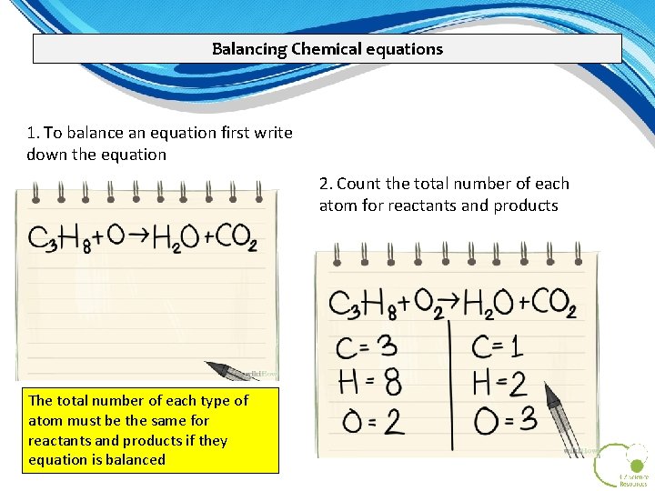 Balancing Chemical equations 1. To balance an equation first write down the equation 2. Balancing Chemical equations 1. To balance an equation first write down the equation 2.