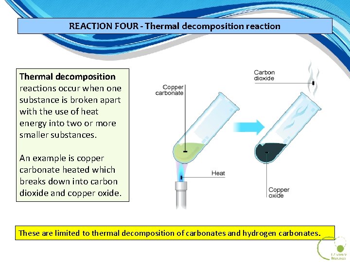 REACTION FOUR - Thermal decomposition reactions occur when one substance is broken apart with REACTION FOUR - Thermal decomposition reactions occur when one substance is broken apart with