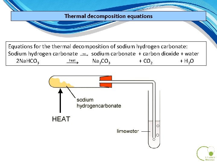 Thermal decomposition equations Equations for thermal decomposition of sodium hydrogen carbonate: Sodium hydrogen carbonate Thermal decomposition equations Equations for thermal decomposition of sodium hydrogen carbonate: Sodium hydrogen carbonate