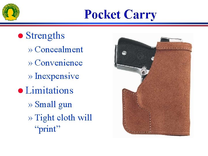 Pocket Carry l Strengths » Concealment » Convenience » Inexpensive l Limitations » Small