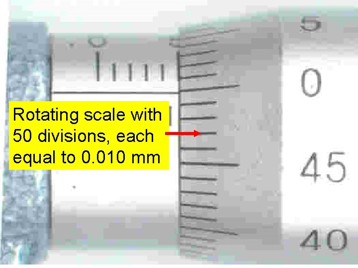 Rotating scale with 50 divisions, each equal to 0. 010 mm 