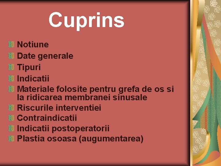 Cuprins Notiune Date generale Tipuri Indicatii Materiale folosite pentru grefa de os si la