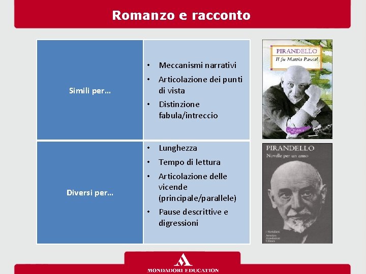 Romanzo e racconto Simili per… Diversi per… • Meccanismi narrativi • Articolazione dei punti