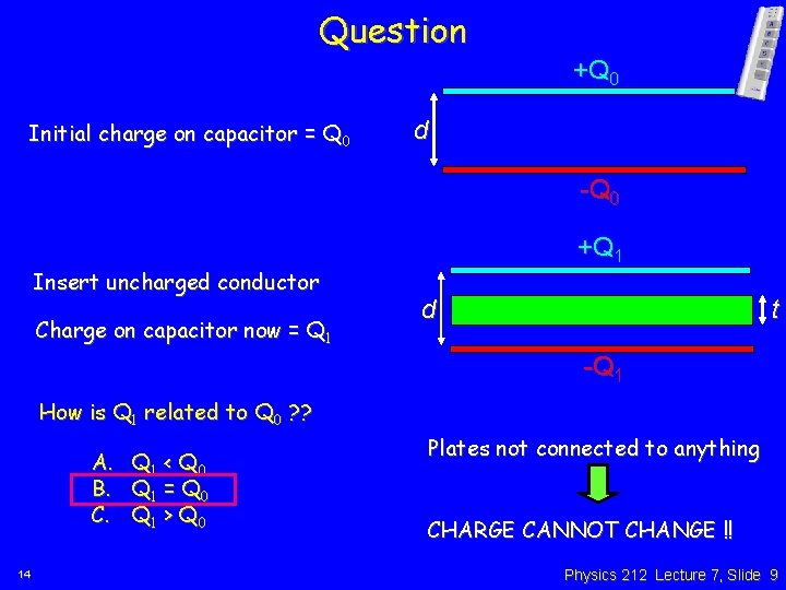 Question +Q 0 Initial charge on capacitor = Q 0 d -Q 0 Insert