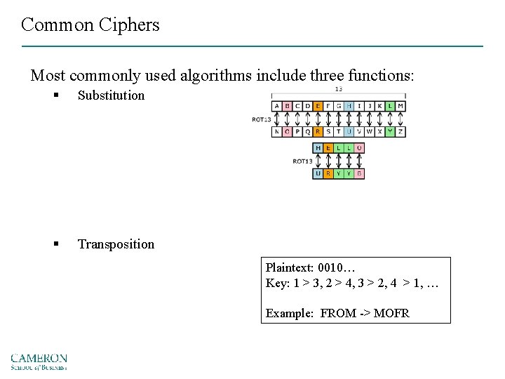 Common Ciphers Most commonly used algorithms include three functions: § Substitution § Transposition Plaintext: