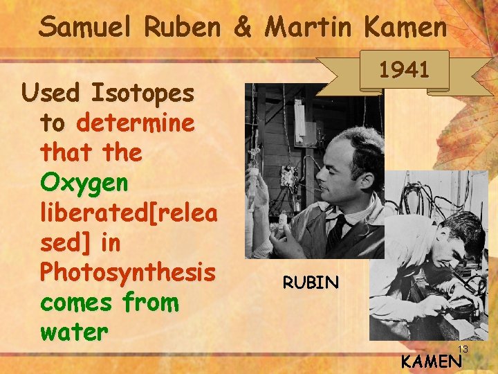 Samuel Ruben & Martin Kamen Used Isotopes to determine that the Oxygen liberated[relea sed]