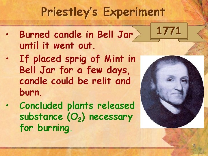 Priestley’s Experiment • • • Burned candle in Bell Jar until it went out.